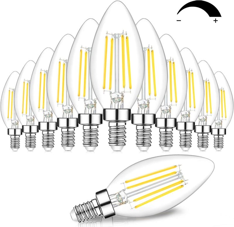 Photo 1 of 12-Pack Dimmable E12 LED Candelabra Bulbs 60W Equivalent, 5000K Daylight White, 600 Lumens B11 Candle Base 6W C35 LED Filament Vintage Light Bulbs, Clear Glass for Chandelier Ceiling Fan High CRI 90+