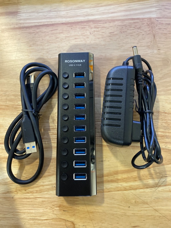 Photo 2 of Powered USB Hub, Rosonway Aluminum 10 Port USB 3.0 Data Hub with 36W (12V/3A) Power Adapter and Individual On/Off Switches USB Splitter(RSH-A10)