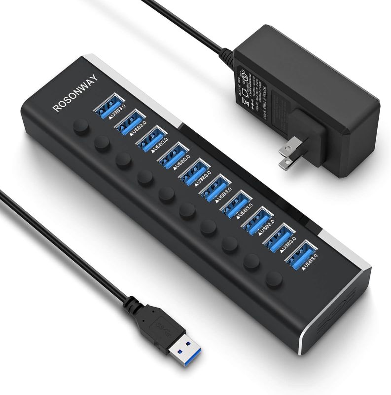 Photo 1 of Powered USB Hub, Rosonway Aluminum 10 Port USB 3.0 Data Hub with 36W (12V/3A) Power Adapter and Individual On/Off Switches USB Splitter(RSH-A10)