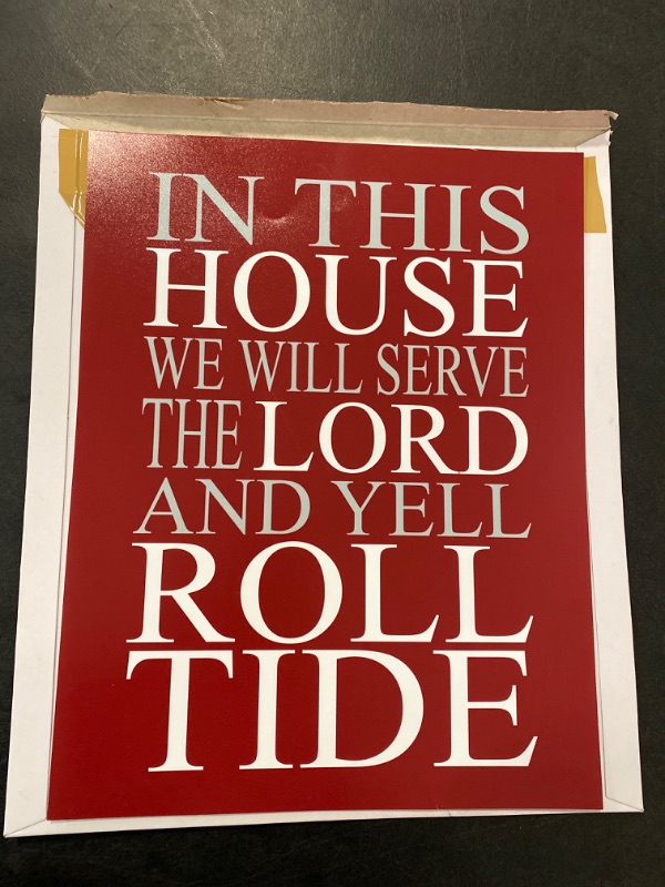 Photo 2 of In This House- We Serve the Lord, Inspirational Football Quotes Wall Art, Alabama Crimson Red Wall Art Print Is Great Wall Decor for Home, Office Decor, and Gift for Bama Fans, Unframed- 11x14"
