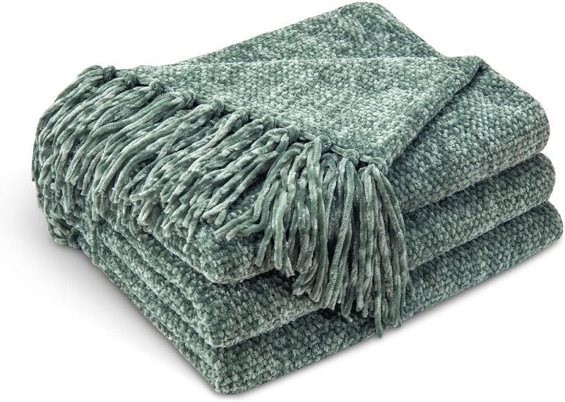 Photo 1 of CozeCube Chenille Throw Blanket for Couch, Cozy Soft Throw Blanket with Fringe Tassel, Sage Green Throw Blanket for Sofa Chair Gift,Decorative Chunky Chenille Throw Blanket 50"X60"