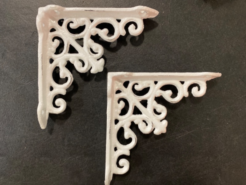 Photo 2 of Sungmor 2PC 4.7 Inch Heavy Duty Decorative Brackets for Shelves, Vintage Victorian Cast Iron Shelf Bracket, Sturdy White L Shape Metal Corner Brace Shelf Supporter, Wall Mounted Floating Shelf Bracket