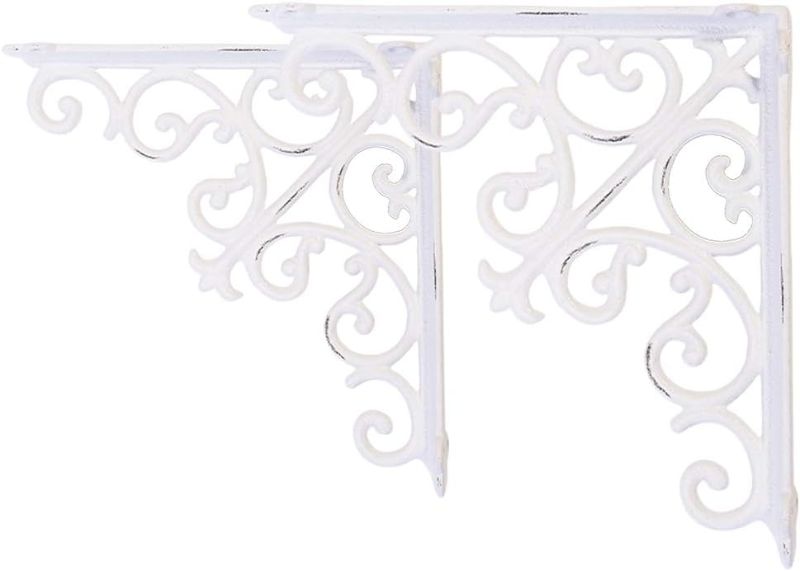 Photo 1 of Sungmor 2PC 4.7 Inch Heavy Duty Decorative Brackets for Shelves, Vintage Victorian Cast Iron Shelf Bracket, Sturdy White L Shape Metal Corner Brace Shelf Supporter, Wall Mounted Floating Shelf Bracket