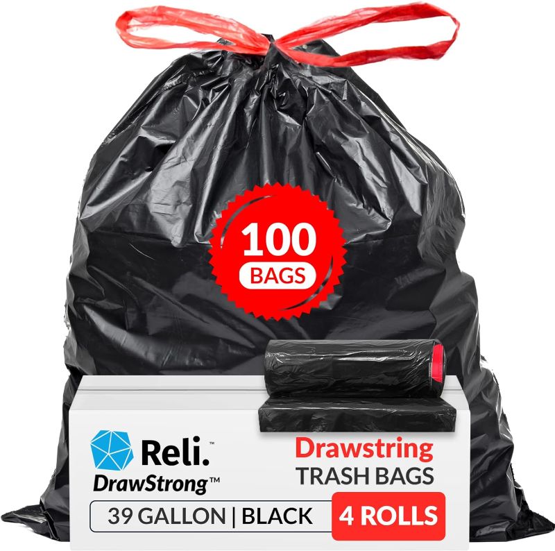 Photo 1 of Reli. 39 Gallon Trash Bags Drawstring (100 Count) Large 39 Gallon Heavy Duty Drawstring Trash Bags - Black Garbage Bags 39 Gallon Capacity, Lawn Leaf (39 Gal)