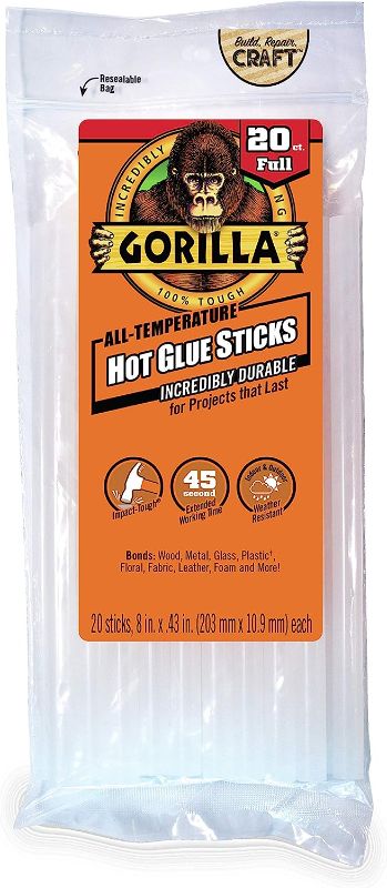 Photo 1 of Gorilla Hot Glue Sticks, Full Size, 8" Long x .43" Diameter, 20 Count, Clear, (Pack of 1) 20 Count Clear
