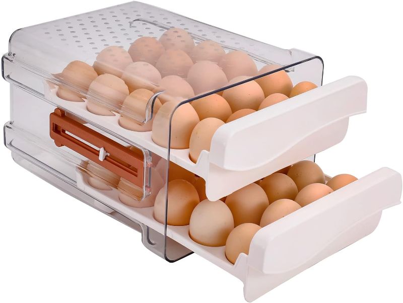 Photo 1 of Sooyee 40 Capacity Egg Container for Refrigerator, Household Egg Holder for Fridge, Transparent 2 Drawers Chicken Egg Storage Container,White