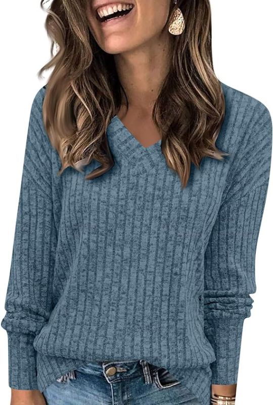 Photo 1 of Womens Fall Sweaters Going Out Tops Long Sleeve V Neck Shirts Ribbed Knit Solid Color Tunic Sweatshirts Cute Blouses SIZE XL 