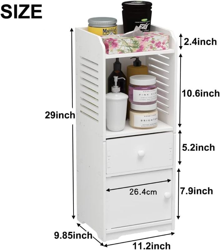 Photo 1 of Rerii Bathroom Storage Cabinet, Small Floor Bathroom Organizer Free Standing, Side Toilet Cabinet with Drawer and Door, White