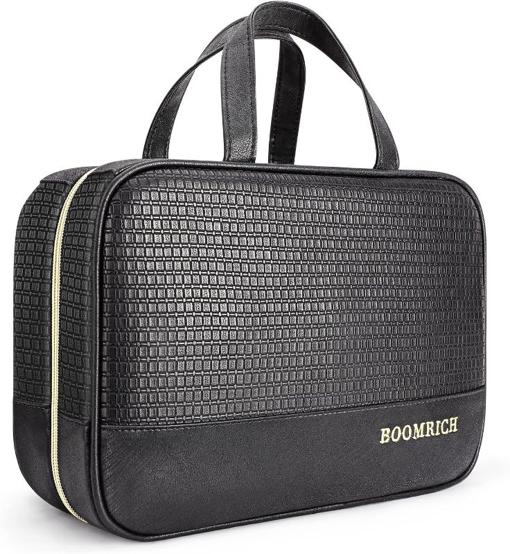 Photo 1 of BOOMRICH Travel Toiletry Bag, Hanging Toiletry Bag, Makeup Bag for Travel, Waterproof PU Leather Cosmetic Bag, Makeup Bag Organizer for Accessories, Shampoo, Full Sized Toiletries (Black)