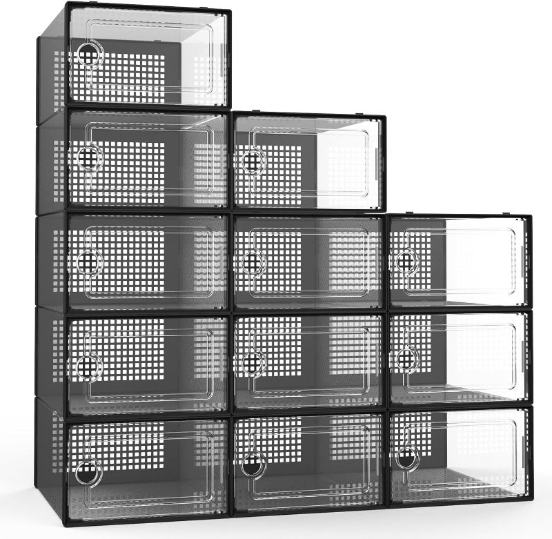 Photo 1 of Potahouse Shoe Storage Organizer, 12 Pack X-Large Clear Stackable Plastic Shoe Boxes with Lids, Fit Size 11-12, Sneaker Containers Space Saving for Entryway Closet Floor, Black