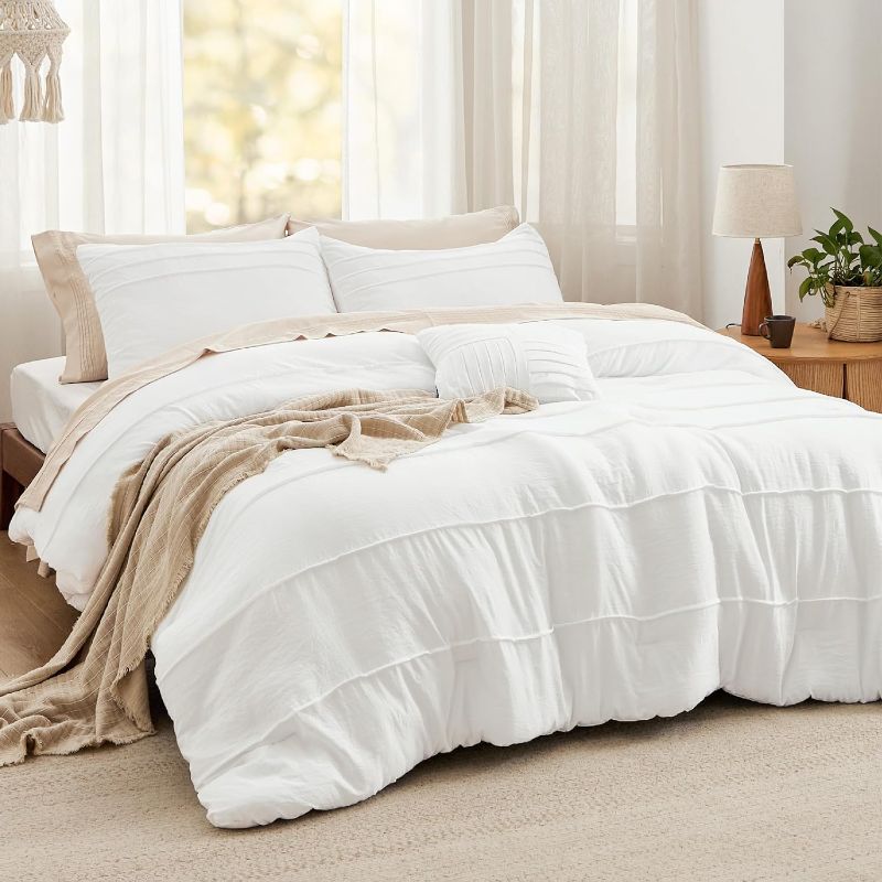 Photo 1 of Bedsure White Twin Comforter Set - 3 Pieces Pinch Pleat Bed Set, Down Alternative Bedding Sets for All Season, 1 Comforter, 1 Pillowcase, 1 Decorative Pillow