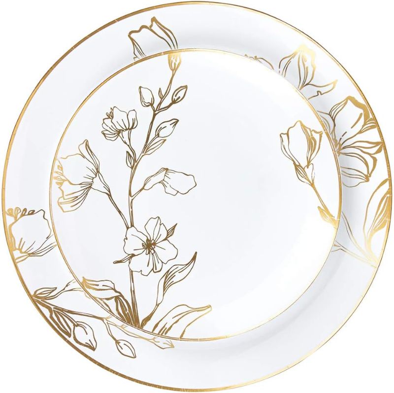 Photo 1 of Plasticpro 64 Piece Combo Plates Set includes 32 7'' inch Plates & 32 10'' inch Plate White Plastic Floral Design Party Plates With Gold Rim, Premium heavyweight Elegant, Disposable, Dishes