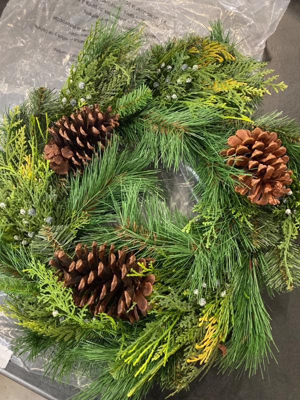 Photo 2 of 20 Inch Christmas Cedar Wreath with Pine Cones and Berries, Artificial Pine