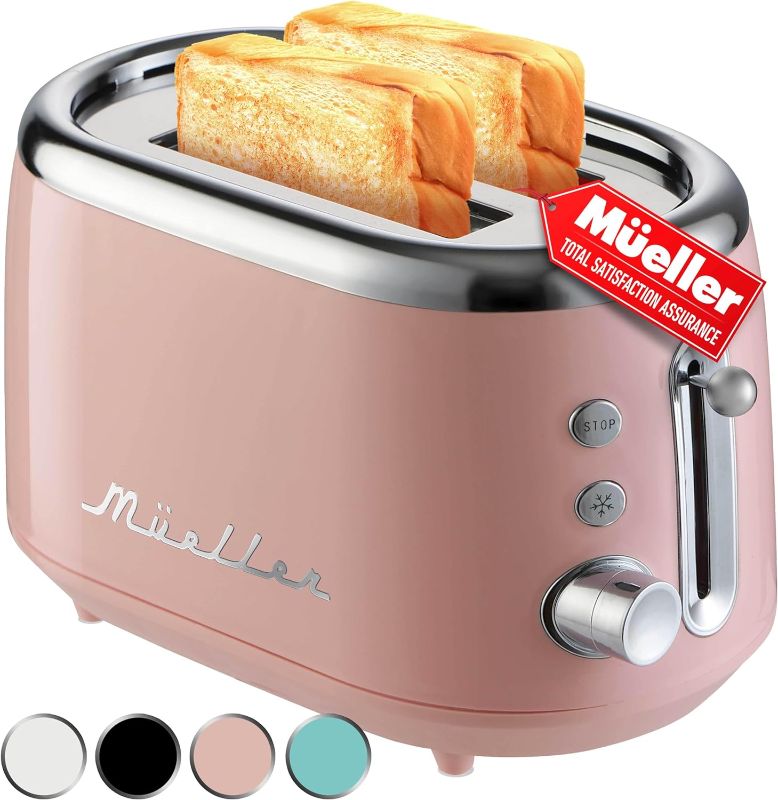 Photo 1 of Mueller Retro Toaster 2 Slice with 7 Browning Levels and 3 Functions: Reheat, Defrost & Cancel, Stainless Steel Features, Removable Crumb Tray, Under Base Cord Storage, Pink