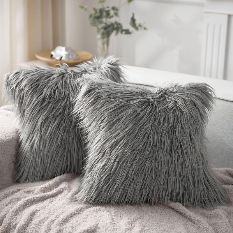 Photo 1 of Phantoscope Pack of 2 Faux Fur Solid Throw Decorative Pillow Cover Cushion Covers Luxury Soft Decorative Pillowcase Fuzzy Pillow Covers for Bed/Couch,Gray 18 x 18 Inches