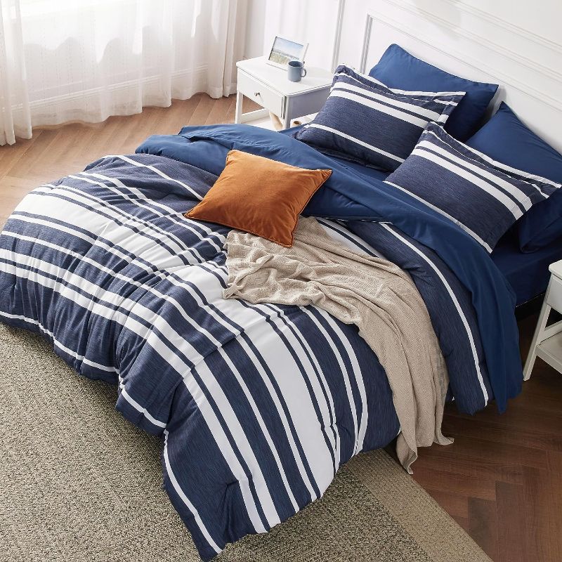 Photo 1 of Bedsure Bed in a Bag Twin Size 5 Pieces, Navy White Striped Bedding Comforter Sets All Season Bed Set with 1 pillow Sham, Flat Sheet, Fitted Sheet and 1 Pillowcase