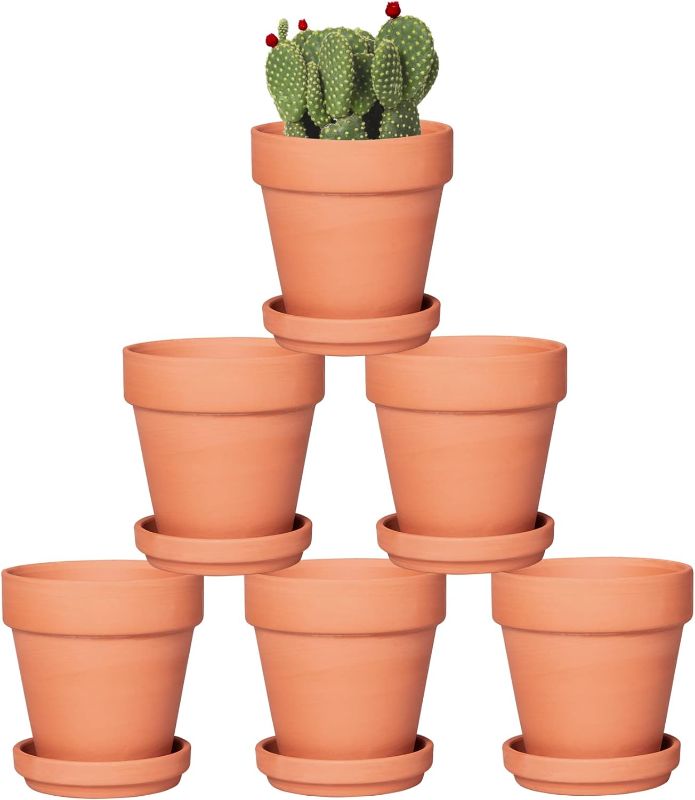 Photo 1 of 4 Inch Terracotta Pots with Saucer - 6 Pack Small Clay Plant Pots with Drainage Holes, Flower Pots with Tray, Terra Cotta Pots for Indoor Outdoor Plants, Crafts, Wedding Favor