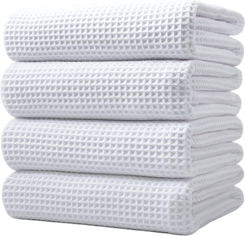 Photo 1 of POLYTE Microfiber Oversize Quick Dry Lint Free Bath Towel, 60 x 30 in, 4 Pack (White, Waffle Weave)