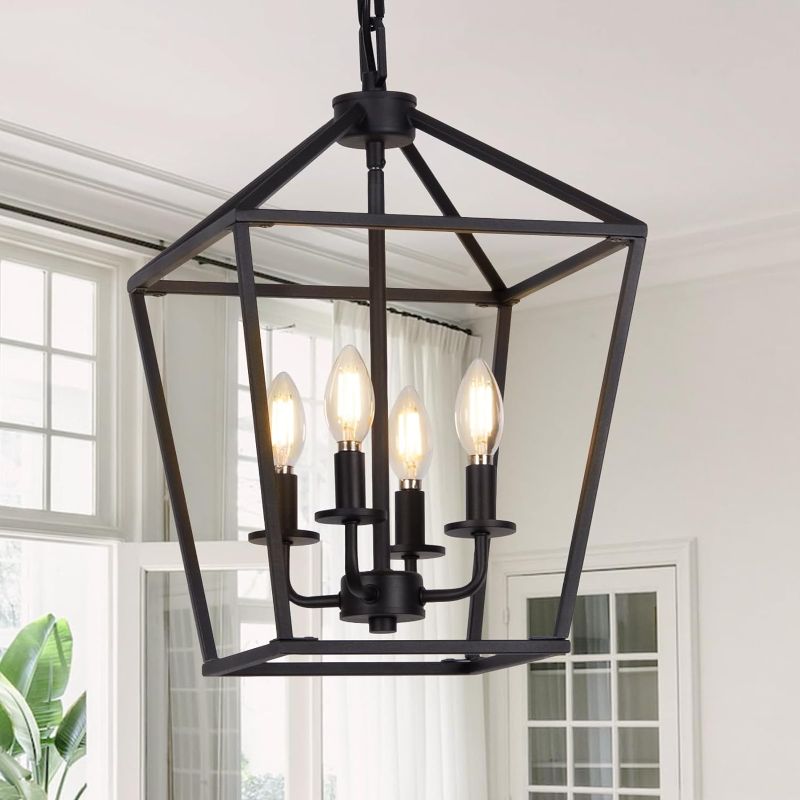 Photo 1 of 4 Light Chandelier, Industrial Ceiling Light Black Lantern Light Fixtures with Farmhouse Metal Cage Adjustable Height Rustic Geometric Hanging Light E12 Base for Kitchen Island, Entryway, Indoor