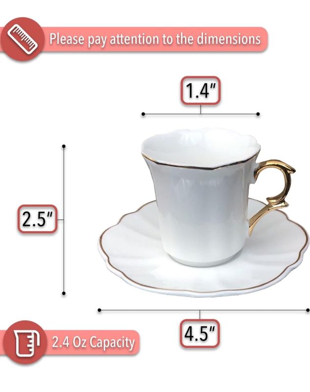 Photo 3 of Btat- Tea Cups and Saucers, Set of 6 (7 Oz) with Gold Trim and Gift Box, Cappucc