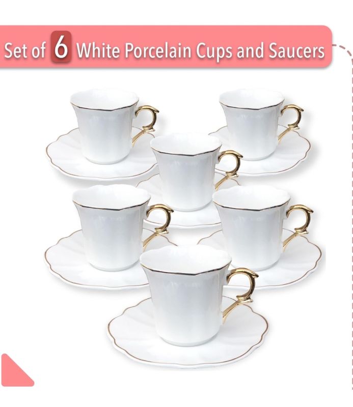 Photo 2 of Btat- Tea Cups and Saucers, Set of 6 (7 Oz) with Gold Trim and Gift Box, Cappucc