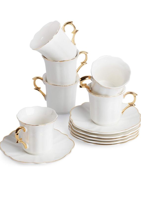 Photo 1 of Btat- Tea Cups and Saucers, Set of 6 (7 Oz) with Gold Trim and Gift Box, Cappucc