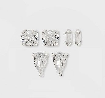 Photo 1 of Sterling Silver Rectangle Pear Cubic Zirconia Stud Earring Set 4pc - A New Day