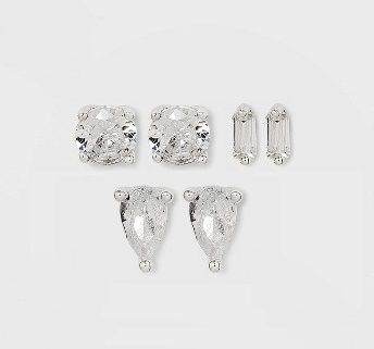 Photo 1 of Sterling Silver Rectangle Pear Cubic Zirconia Stud Earring Set 3pc - A New Day