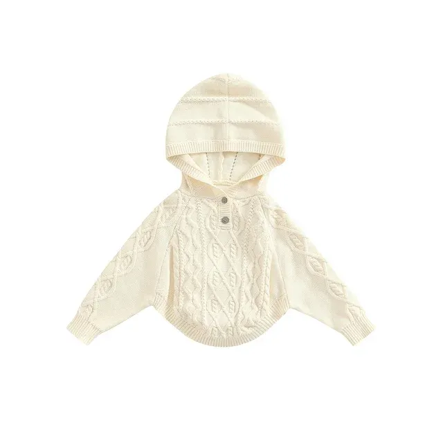 Photo 1 of 12/18M Baby Girl Knitted Sweater Hood Sweater Infant Solid Twist Jacquard Long Sleeve Button Cloak Knitwear

