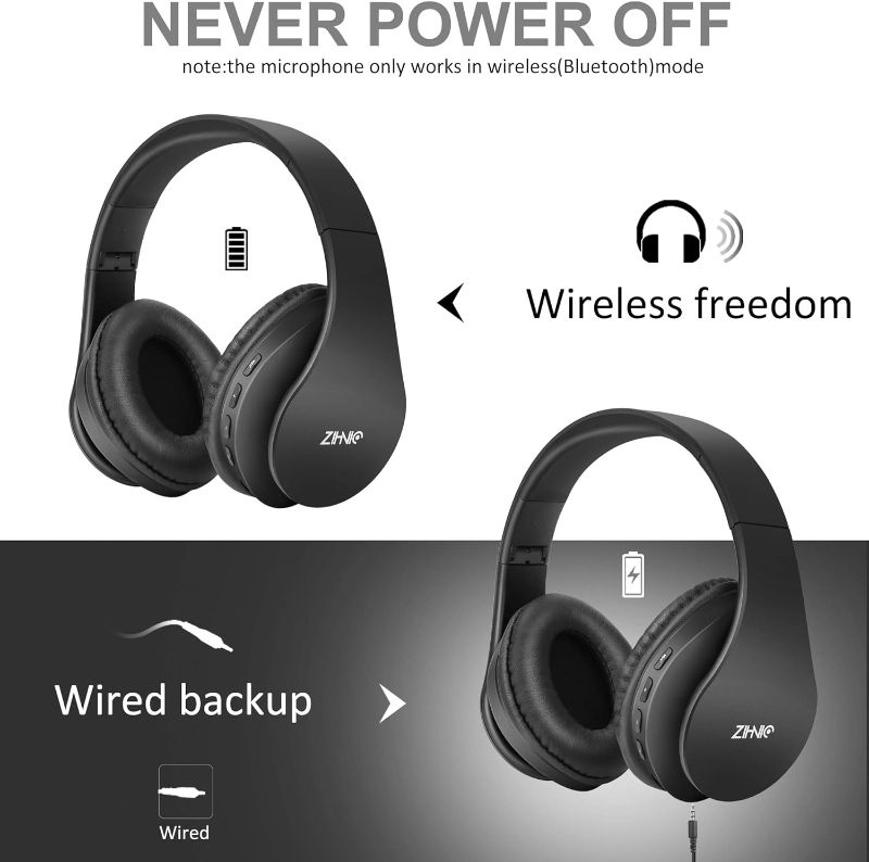 Photo 3 of ZIHNIC Bluetooth Headphones Over-Ear, Foldable Wireless and Wired Stereo Headset Micro SD/TF, FM for Cell Phone,PC,Soft Earmuffs &Light Weight for Prolonged Wearing (Black)
