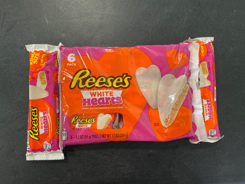 Photo 2 of 2 bars Hearts Candy, Valentine's Day, King Size Pack White Creme Peanut Butter& 6 pack of Reese's whites hearts