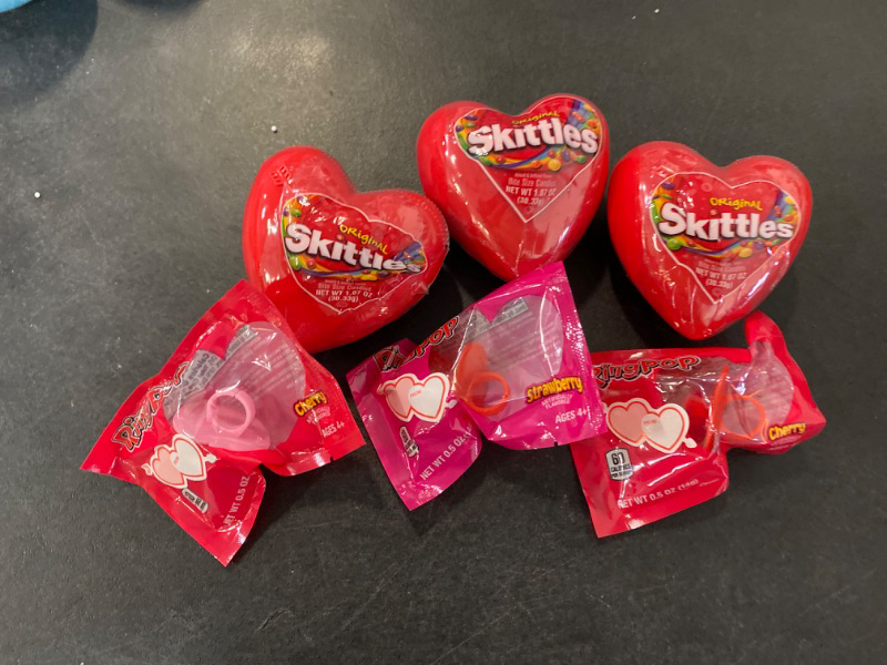 Photo 3 of 3 pack of Skittles, Valentine's Day Original Chewy Candy - Heart Gift Tin, 1.07 Ounce & 3 Ring pops
