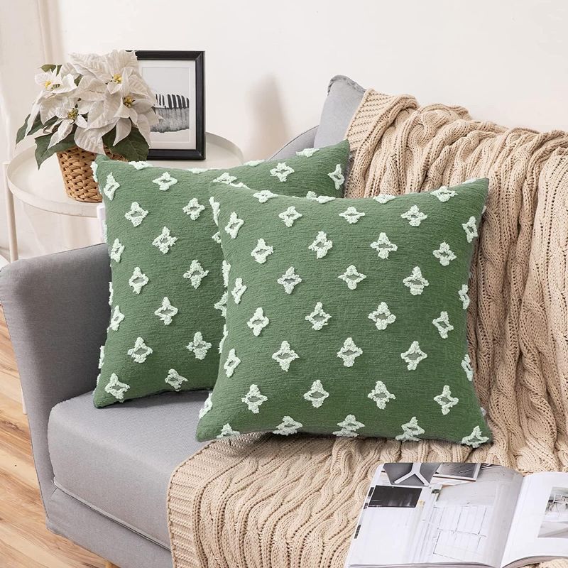 Photo 1 of Throw Pillow Covers with Insert Included, Rhombic Jacquard Pillowcase Soft Square Cushion Case for Couch Sofa Bed Bedroom Living Room (2 Pcs Bean Green with Insert)
