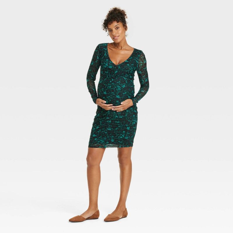Photo 1 of (S) Long Sleeve Mesh Mini Maternity Bodycon Dress - Isabel Maternity by Ingrid & Isabel™ Green Floral
