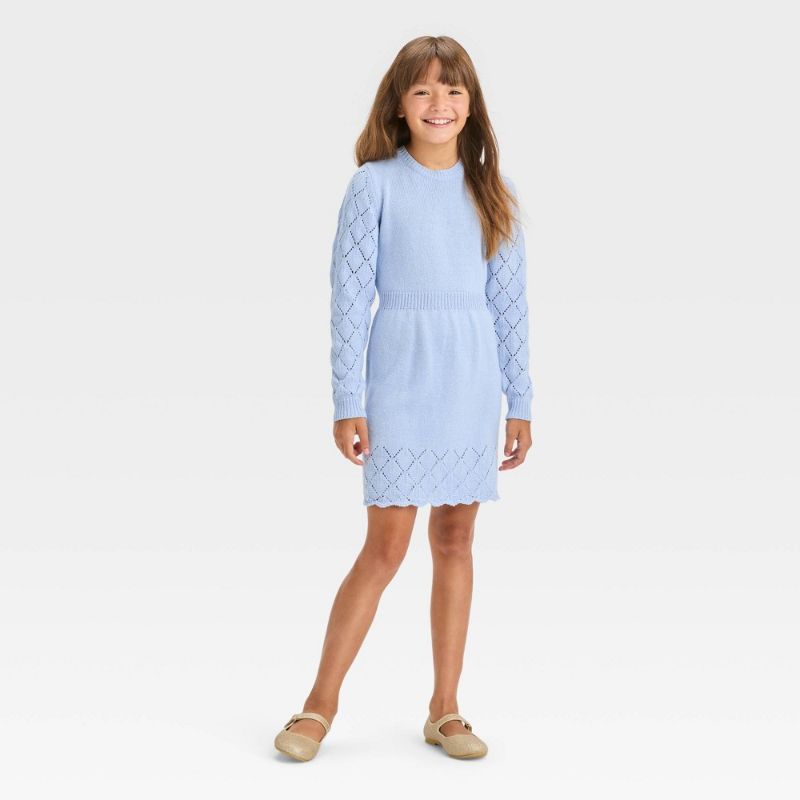 Photo 1 of (XL) Girls' Crochet Long Sleeve Sweater Dress - Cat & Jack™ Blue XL
