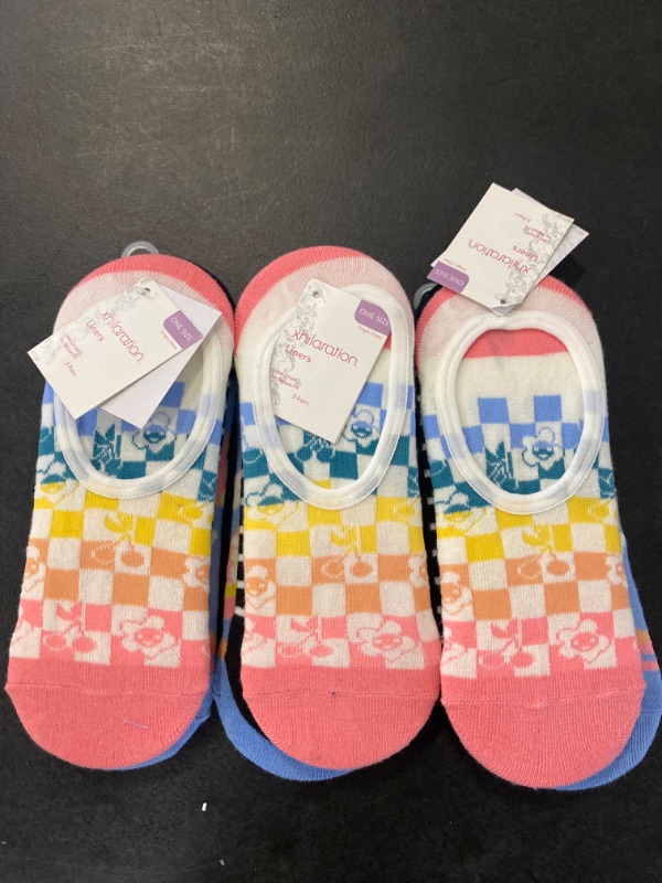 Photo 1 of  3 pack of Womens Wild Checkers 3pk Liner Socks - Xhilaration Pink/Black/Blue 4-10