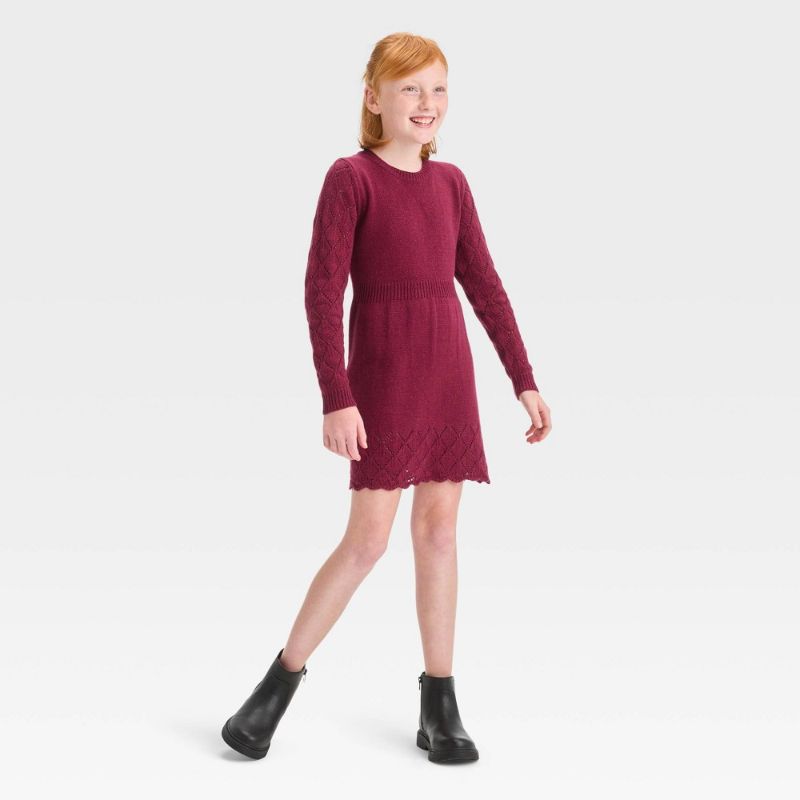 Photo 1 of Girls' Crochet Long Sleeve Sweater Dress - Cat & Jack™ Burgundy XL
