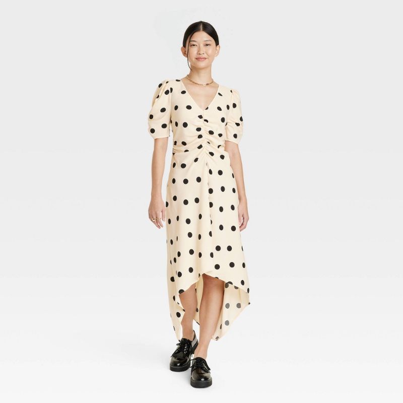 Photo 1 of Women's Crepe Short Sleeve MIDI Dress - a New Day™ Beige Polka Dots M
