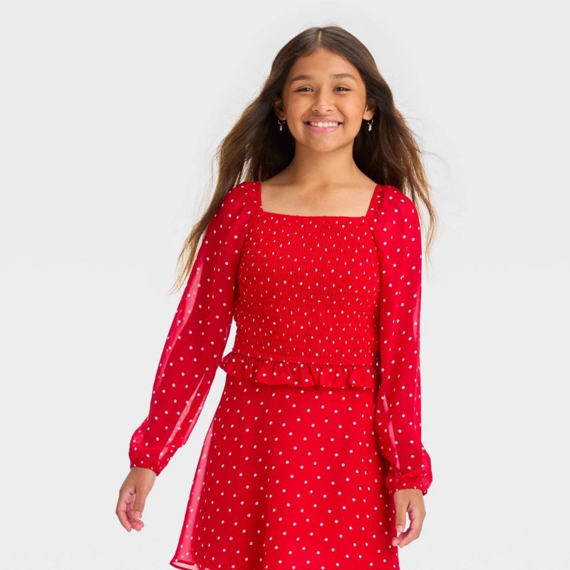 Photo 1 of Girls' Long Sleeve Smocked Chiffon Top - Art Class™ Red Dot XL

