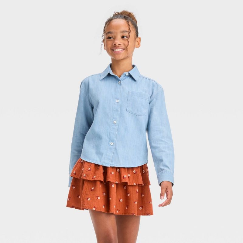 Photo 1 of Girls' Long Sleeve Button-Down Woven Top - Cat & Jack™ Light Wash S

