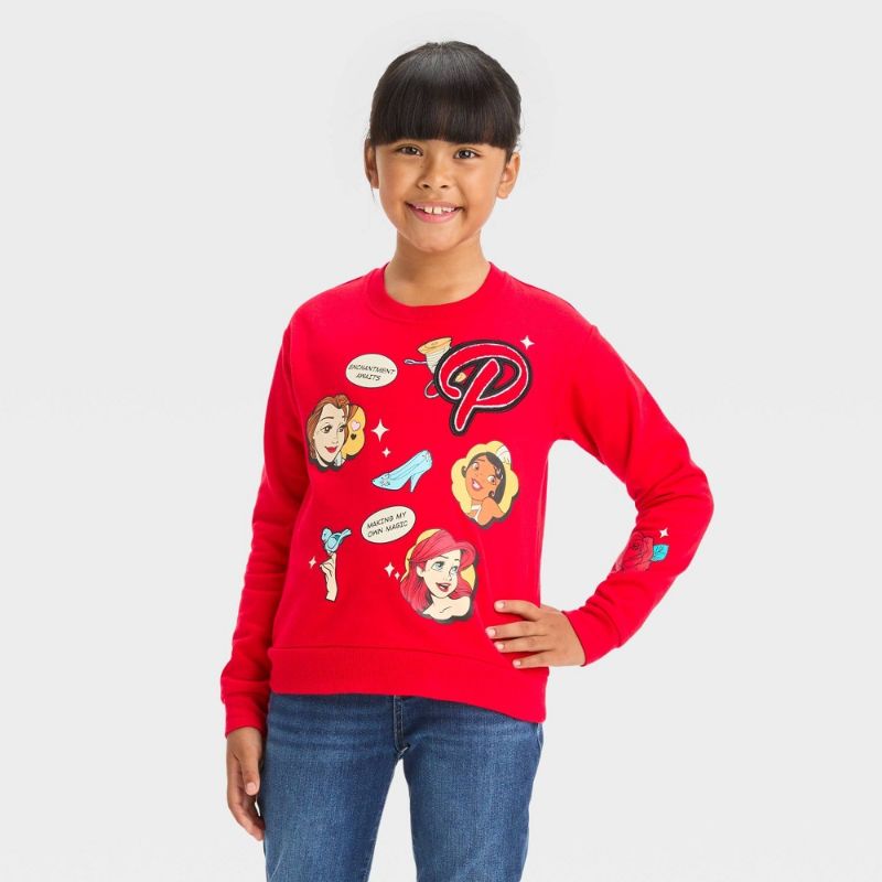 Photo 1 of (XL) Girls' Disney 100 Matching Family Princess Retro Reimagined Patch Fleece Pullover Sweatshirt - Red XL
