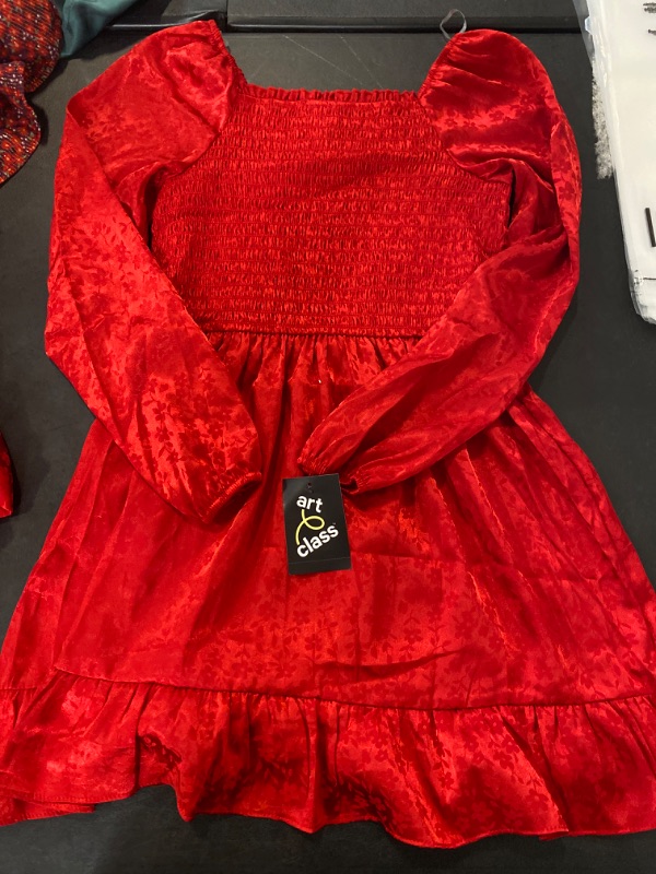 Photo 2 of Girls' Long Sleeve Jacquard Smocked Bodice Dress - Art Class™ Red L
