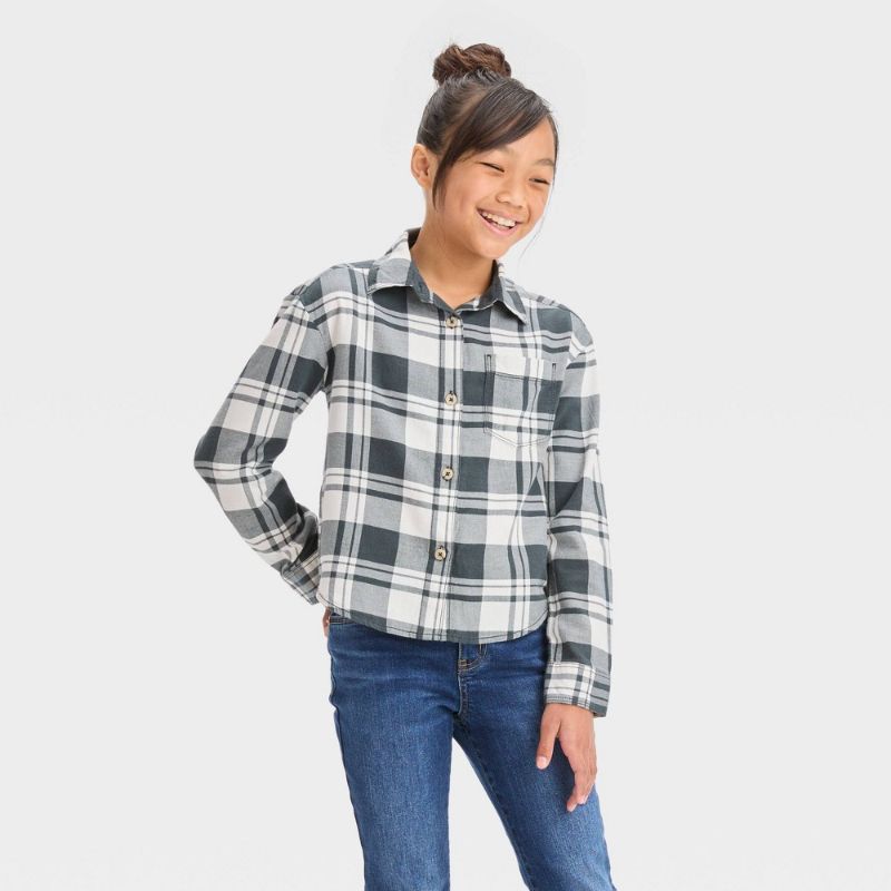 Photo 1 of Girls' Flannel Long Sleeve Button-Down Woven Top - Cat & Jack™ Charcoal Gray XS
