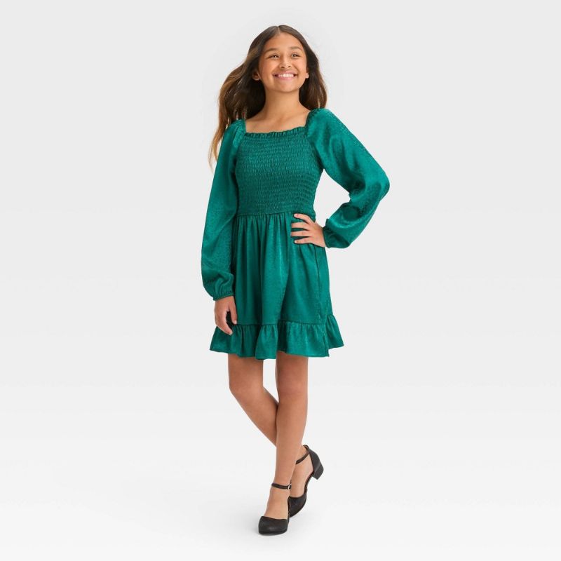 Photo 1 of Girls' Long Sleeve Jacquard Smocked Bodice Dress - Art Class™ Green XL
