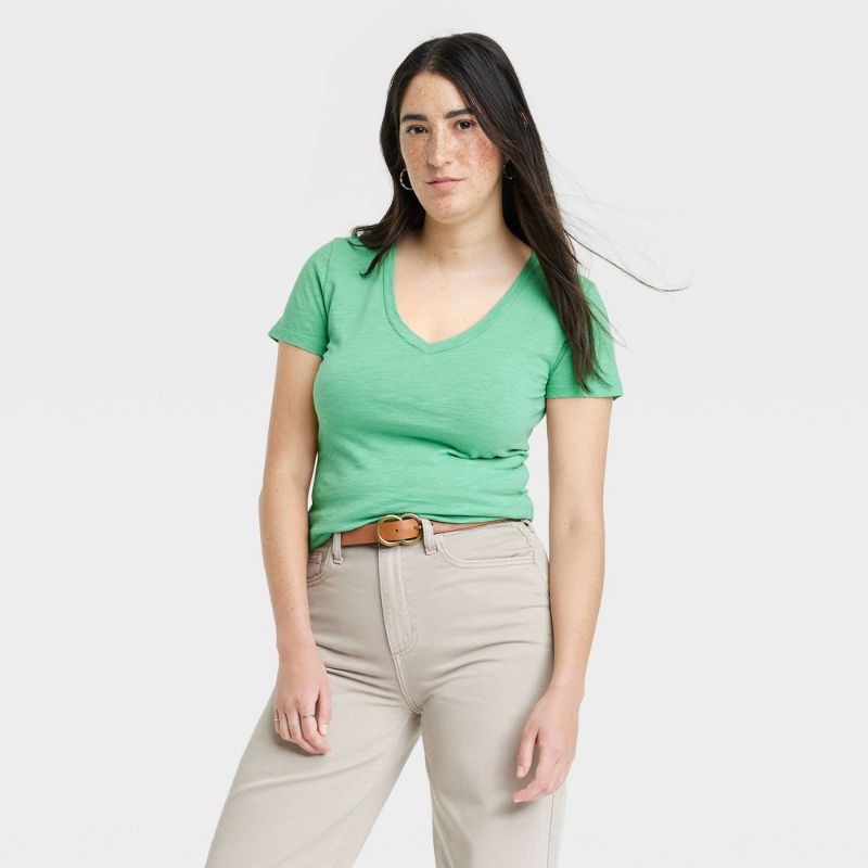 Photo 1 of Women's Slim Fit Short Sleeve V-Neck T-Shirt - Universal Thread™ Light Green L
