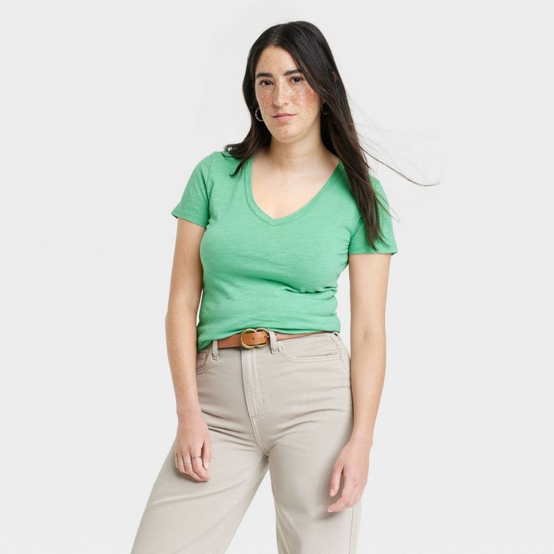 Photo 1 of Women's Slim Fit Short Sleeve V-Neck T-Shirt - Universal Thread™ Light Green XL
