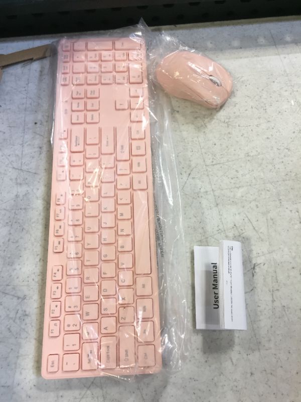 Photo 1 of Wireless Keyboard and Mouse, WisFox 2.4GHz Full-Size Silent Keyboard with Numeric Keypad, Long Battery Life, Lag-Free, Slim USB Cordless Mouse Keyboard Combo for PC Laptop Computer Windows (Pink)