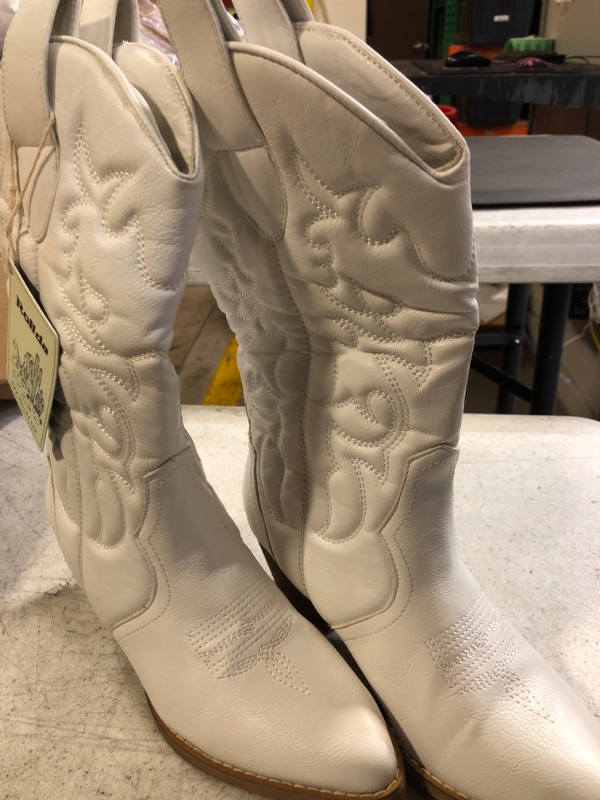 Photo 3 of Rollda Women's Western Cowboy Boots Pointed Toe Mid-Calf Cowgirl Boots Ladies Embroidered Fashion Boots with Chunky Heel 6 White