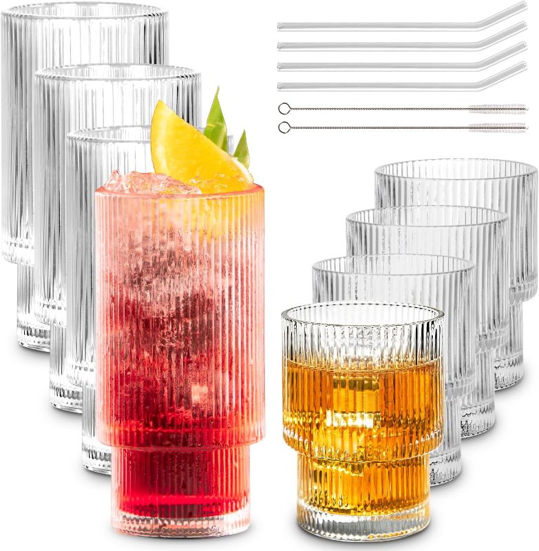 Photo 1 of Combler Ribbed Glassware Set of 8, 11oz & 6oz Glass Cups with Straws, for Iced Coffee, Wine, Cocktails, Housewarming Gifts
