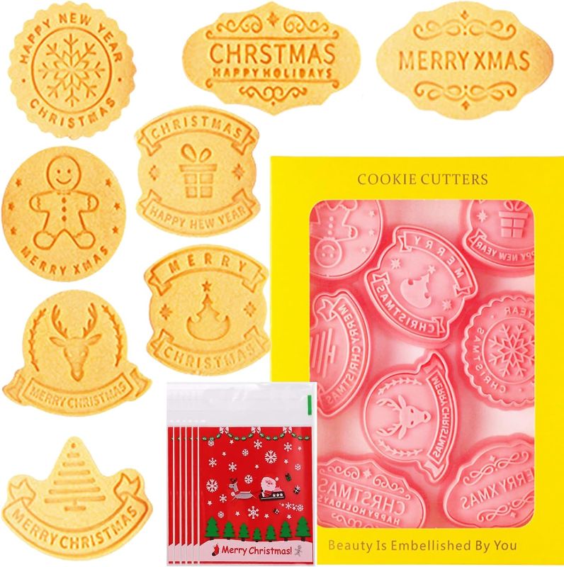 Photo 1 of Christmas Cookie Cutters Stamps with Cookies Bags, 8 PCS 3D Christmas Plastic Cookie Cutters Shapes for Baking Merry Christmas,Gingerbread Men, Happy New Year
